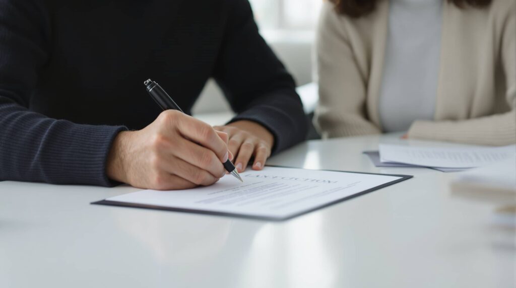Dos personas firmando un acuerdo de mediación.
