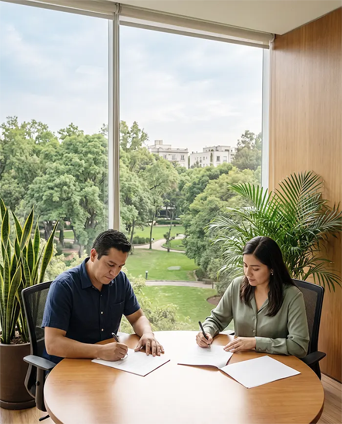 Dos personas firmando un convenio de mediación en una oficina privada en CDMX con vista al parque