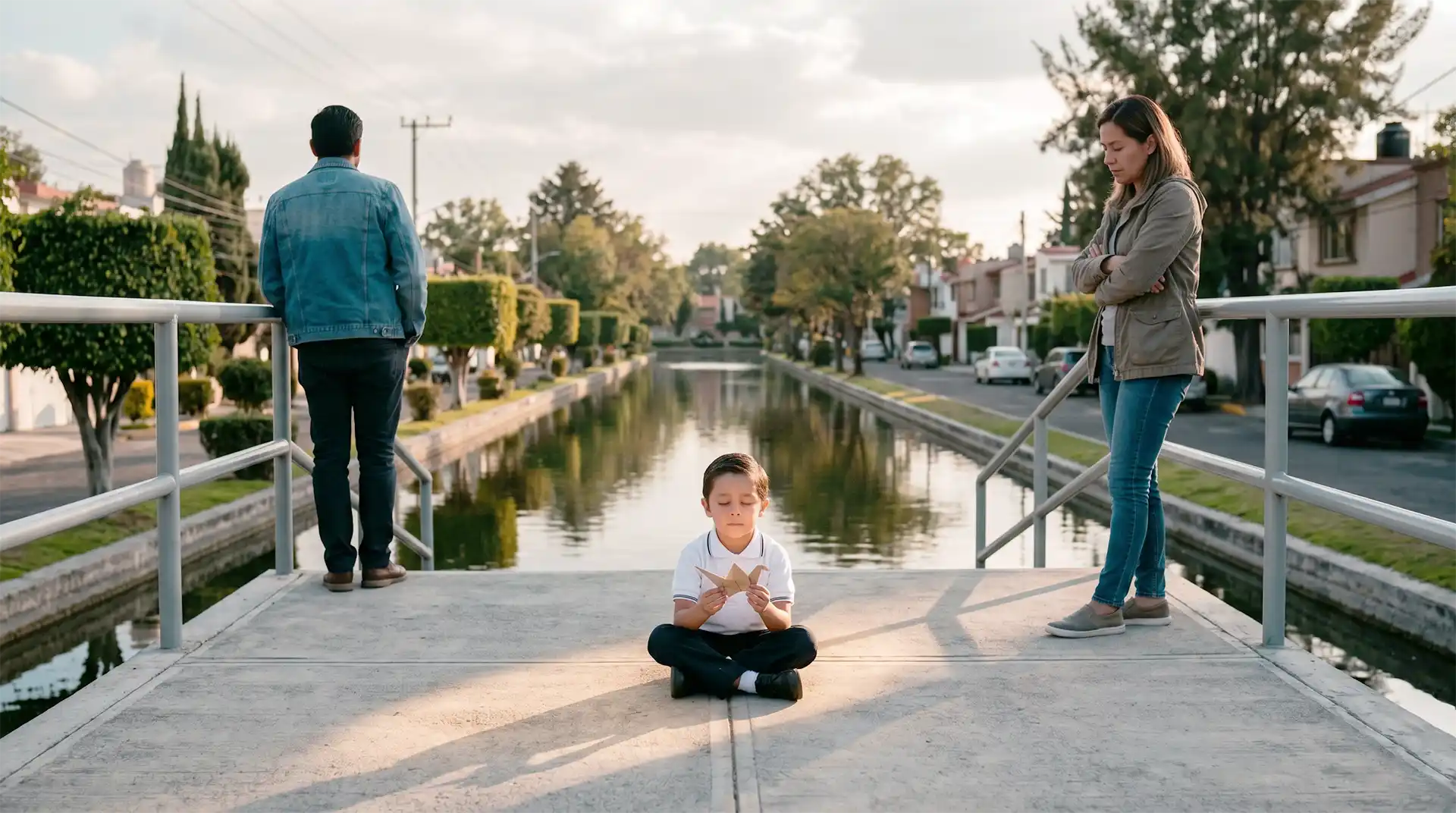 Niño sosteniendo un ave de origami en un puente peatonal mientras sus padres están separados a cada lado, representando la mediación familiar en México