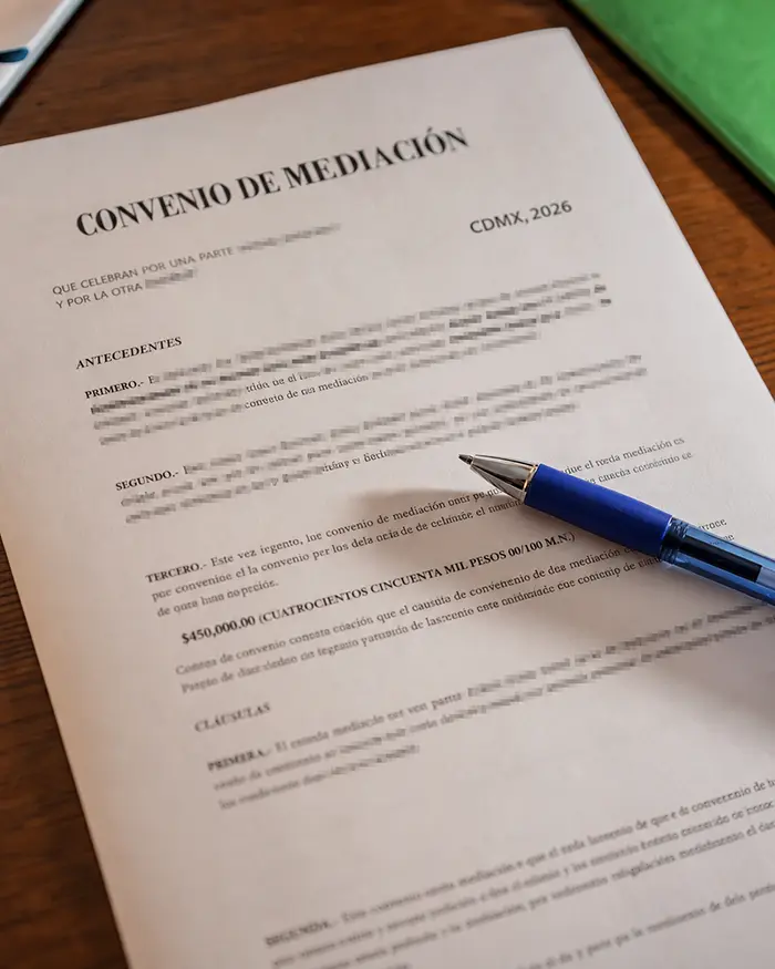 Convenio de mediación civil sobre escritorio, con bolígrafo y fecha CDMX - Confianza Legal
