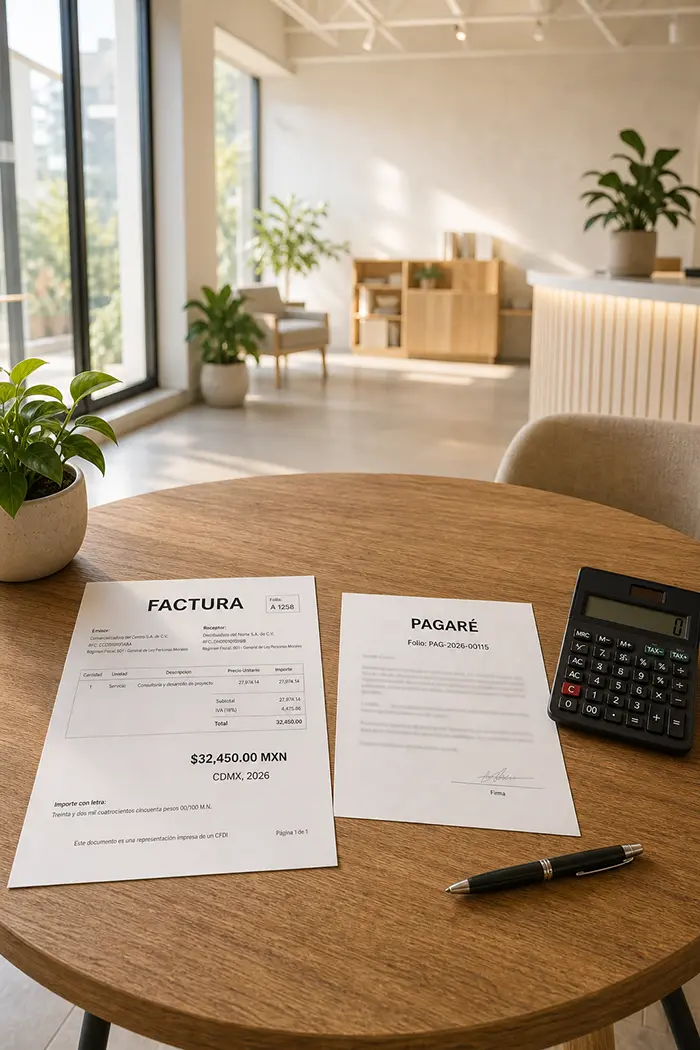 Factura y pagaré mercantil sobre escritorio de oficina, con calculadora, para mediación mercantil en CDMX